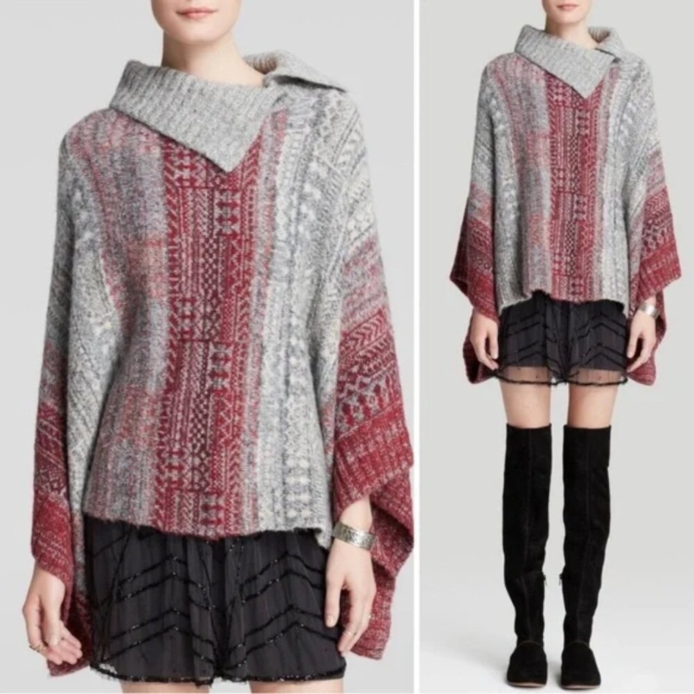 Free People Willow Poncho Sweater Button Turtleneck Alpaca Blend size XS